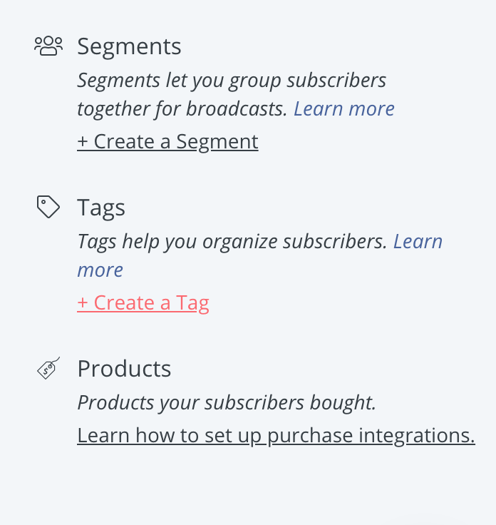 Tag section of ConvertKit